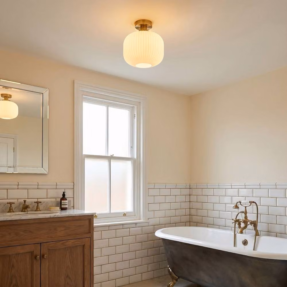 Happy Homewares Modern IP44 Round Bathroom Ceiling Light with Opal Ribbed Glass Shade in Gold and White – 2