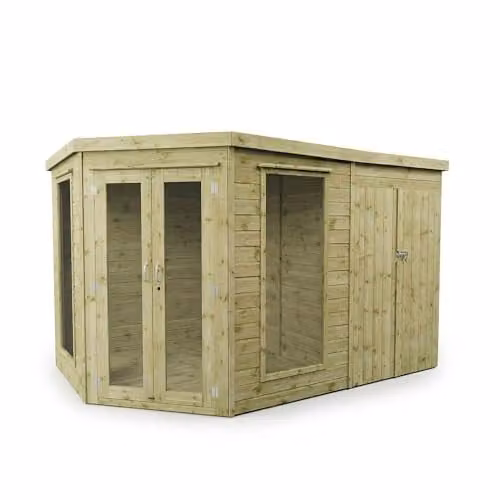 Waltons Wooden Corner Summerhouse with Side Shed, Shiplap Tongue and Groove Garden Room with Flat Roof and Double Doors – 1