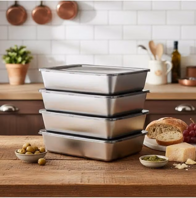 Living and Home 4 Pack Silver Stainless Steel Rectangular Food Storage Containers with Stackable PP Lids – 1