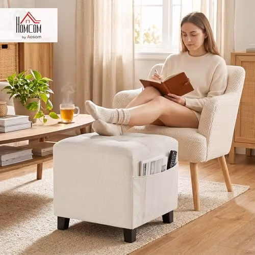 HOMCOM Square Fabric Ottoman with Side Pocket in Beige, W/D/H: 35 x 35 x 35 cm – 2