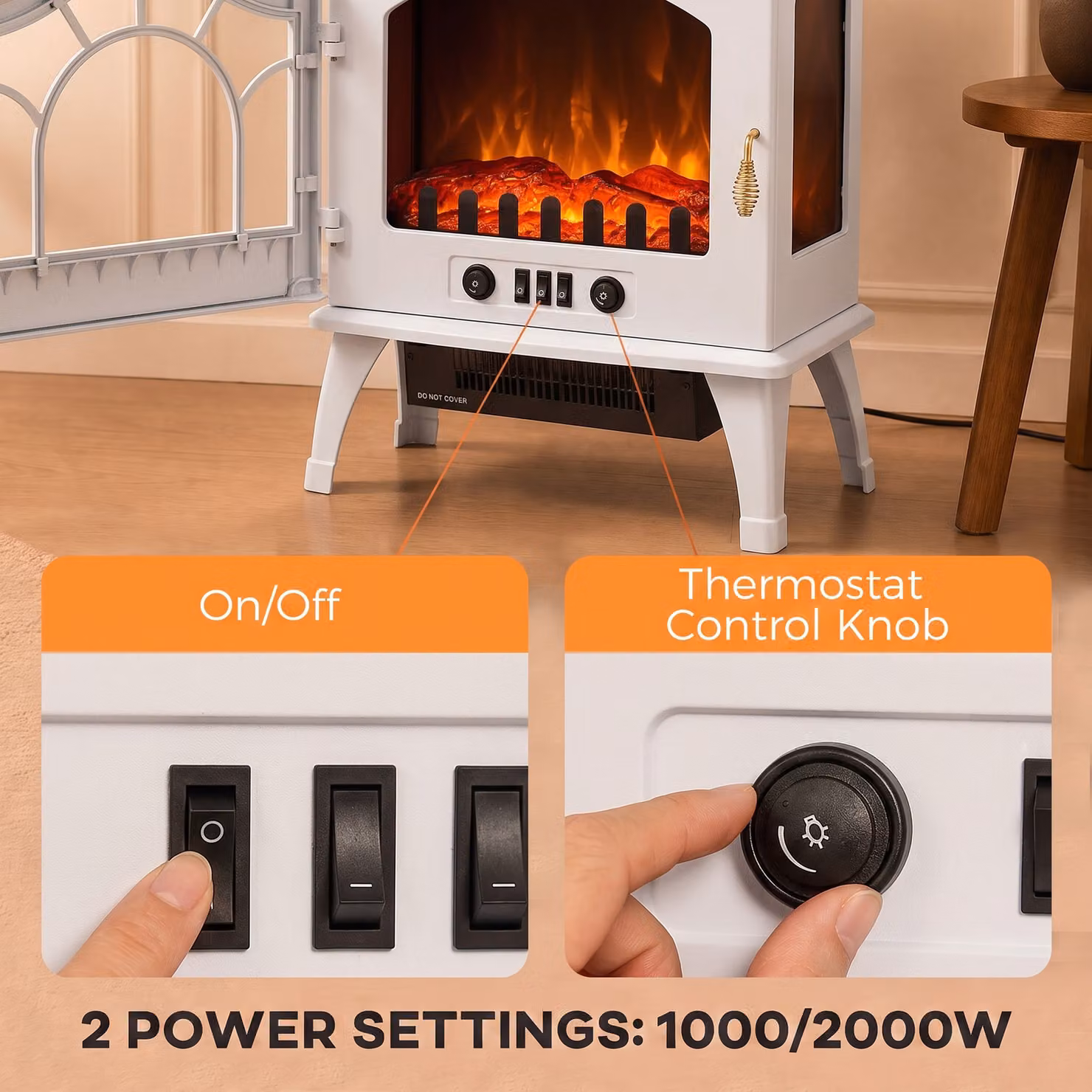 HOMCOM 3-Sided Glass Electric Fire Fan Heater, Freestanding Log Burner with Flame Effect, White – 5