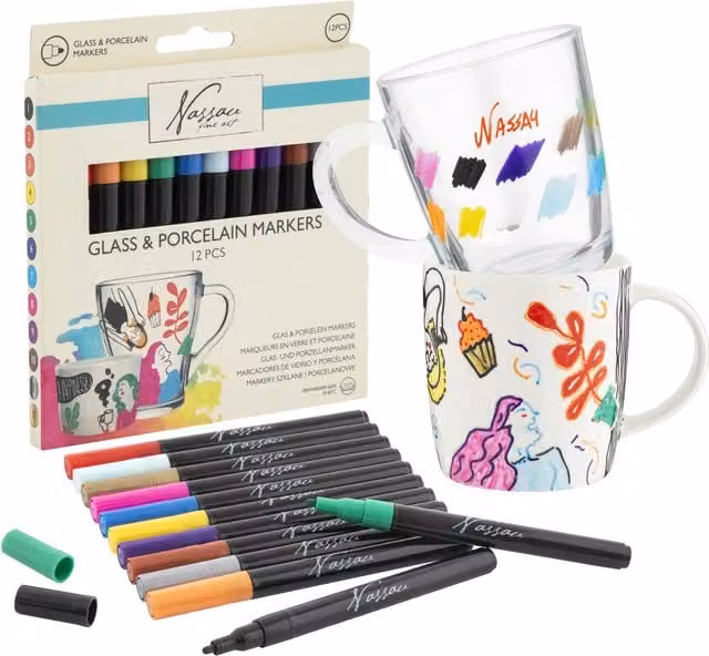 Totum Multicolour Bullet Tip Ink Markers for Glass and Porcelain, 12 Pieces