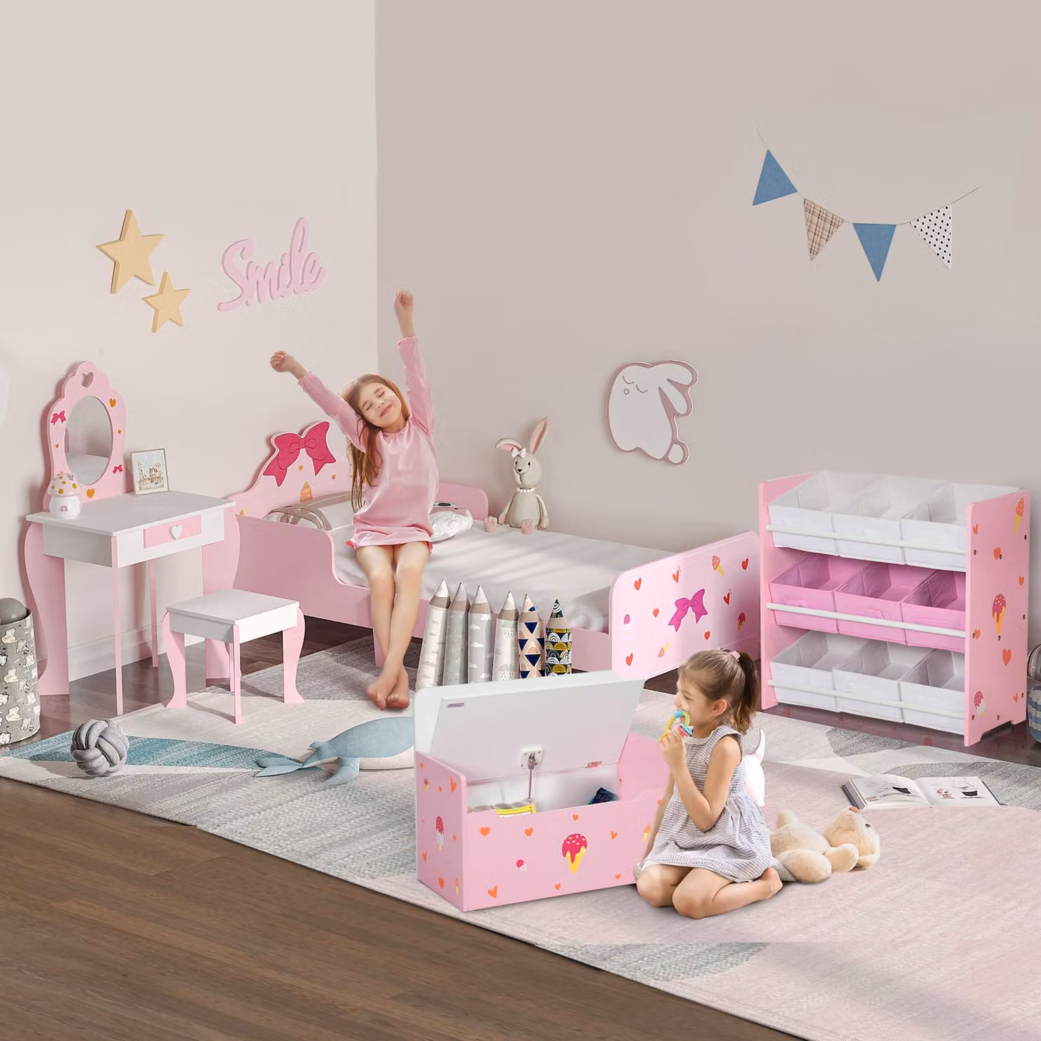 ZONEKIZ 5 Piece Princess Themed Kids Bedroom Furniture Set in Pink – 2