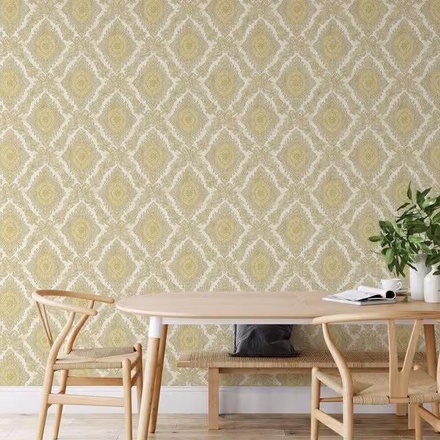 Wallquest Villa Rosa Classic Damask Floral Wallpaper in Yellow, Pink, Green and Silver
