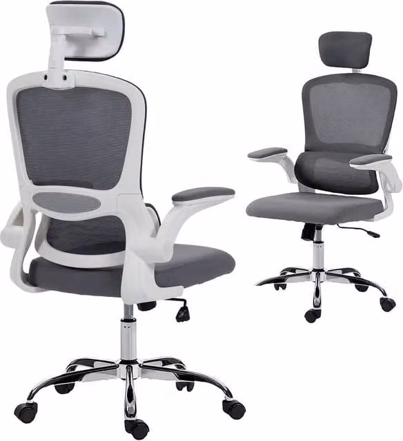 EONLION Grey Fabric High Back Mesh Task Chair with Headrest and Lumbar Support – 1
