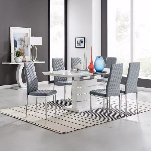 FurnitureboxUK Renato Grey High Gloss Extending Kitchen Dining Table and 6 Milan Chairs