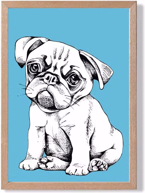 ARTZE Sketch Pug Dog Framed Print in Bright Blue with Oak Frame, Size: A2