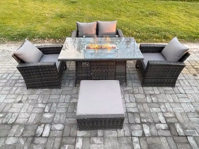 Fimous 5 Seater Outdoor Rattan Sofa Set with Gas Firepit Dining Table and Footstool in Dark Grey