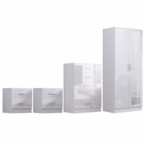 Reflect Modern Bedroom Furniture Set in White Gloss and Matt White Finish, including 2 Door Mirror Wardrobe, 5 Drawer Tallboy Chest and 2x 2 Drawer Bedside Tables – 2