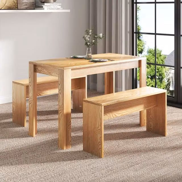 Livingandhome 3 Piece Modern Rectangular Dining Table and Bench Set in Brown
