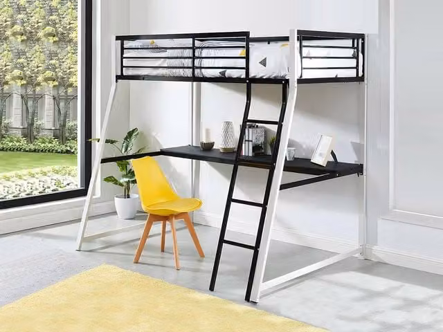 Vente-unique Single Metal Loft Bed with Integrated Desk in Black and White, W/D/H: 190 x 90 x 182 cm – 1