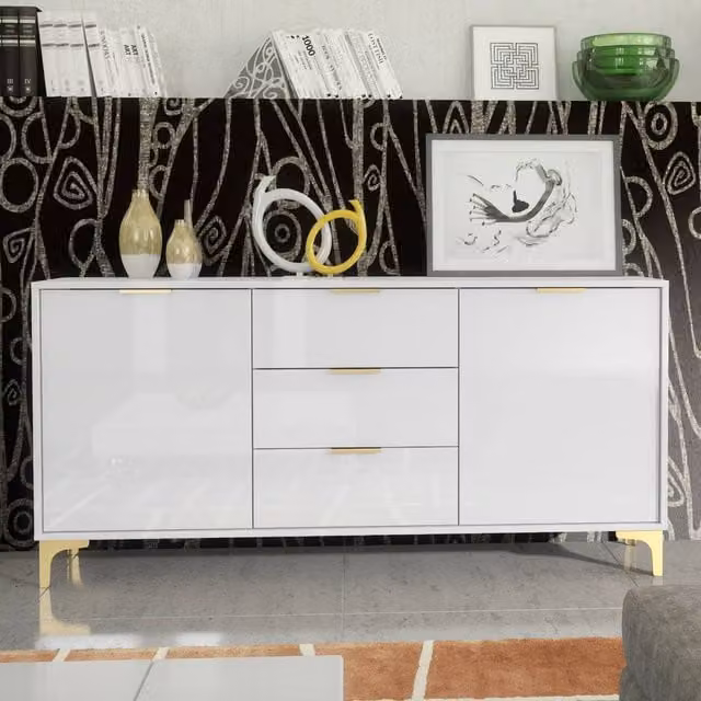 Mex Furniture LTD Goldline Glossy White and Gold Sideboard, W: 140 cm, H: 80 cm, D: 35 cm – 1