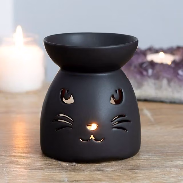 KDMK Black Ceramic Cat Oil Burner and Tealight Lamp