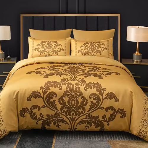 Lazzaro Gold Satin Silk King Size Duvet Cover Set with Reversible Damask Design and Zipper Closure, Pillowcases Included, W/D/H: 220 x 220 x 230 cm – 2