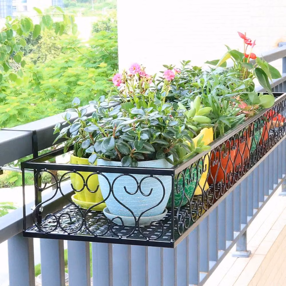 FORGEVIO Black Metal Hanging Trough Planter for Balcony Railings, W: 80 cm, D: 20 cm, H: 12 cm – 5