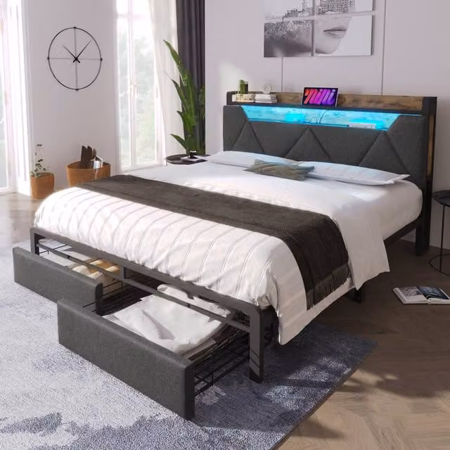 BTM Grey Linen Bed with LED Headboard, USB Charging Ports and Storage Drawers, W/D/H: 140 x 200 x 110 cm – 1