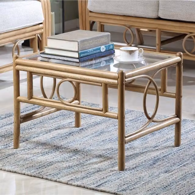 Madrid Cane Square Coffee Table in Light Oak with Rattan and Glass Top