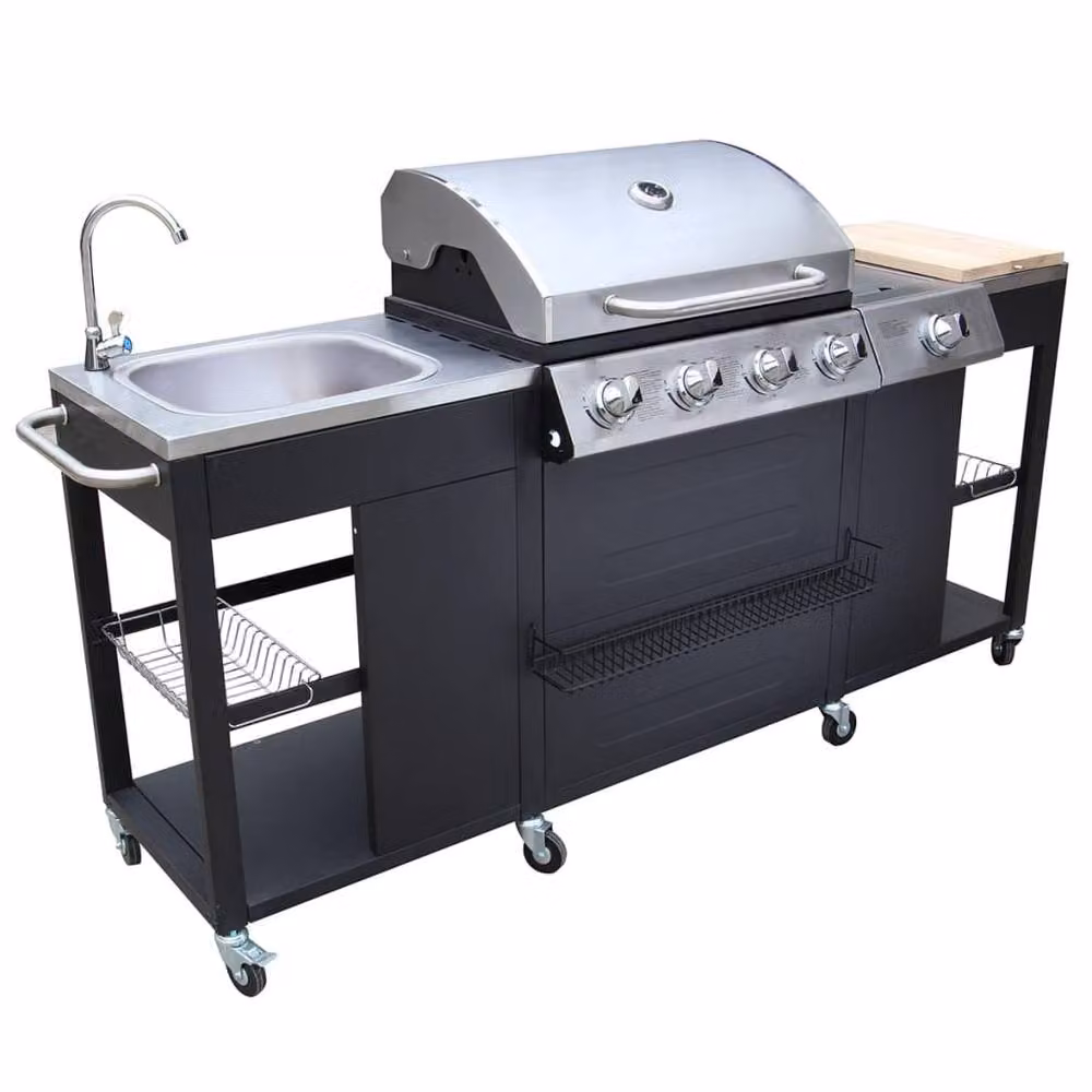 Berkfield Home Montana 4 Burner Gas Outdoor Kitchen Barbecue with Side Burner and Wheels in Black – 2