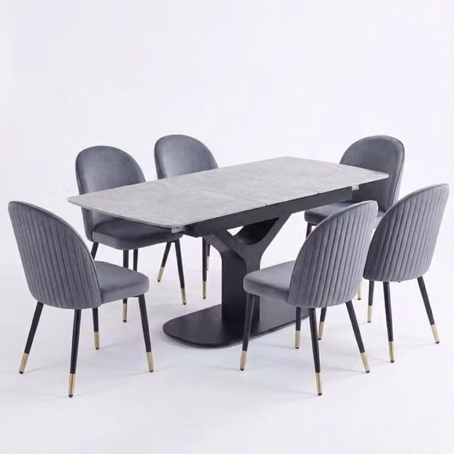 HOME LUXE INTERIOR Sapphire Extending Grey Sintered Stone Dining Table and 6 Liza Chairs – 1