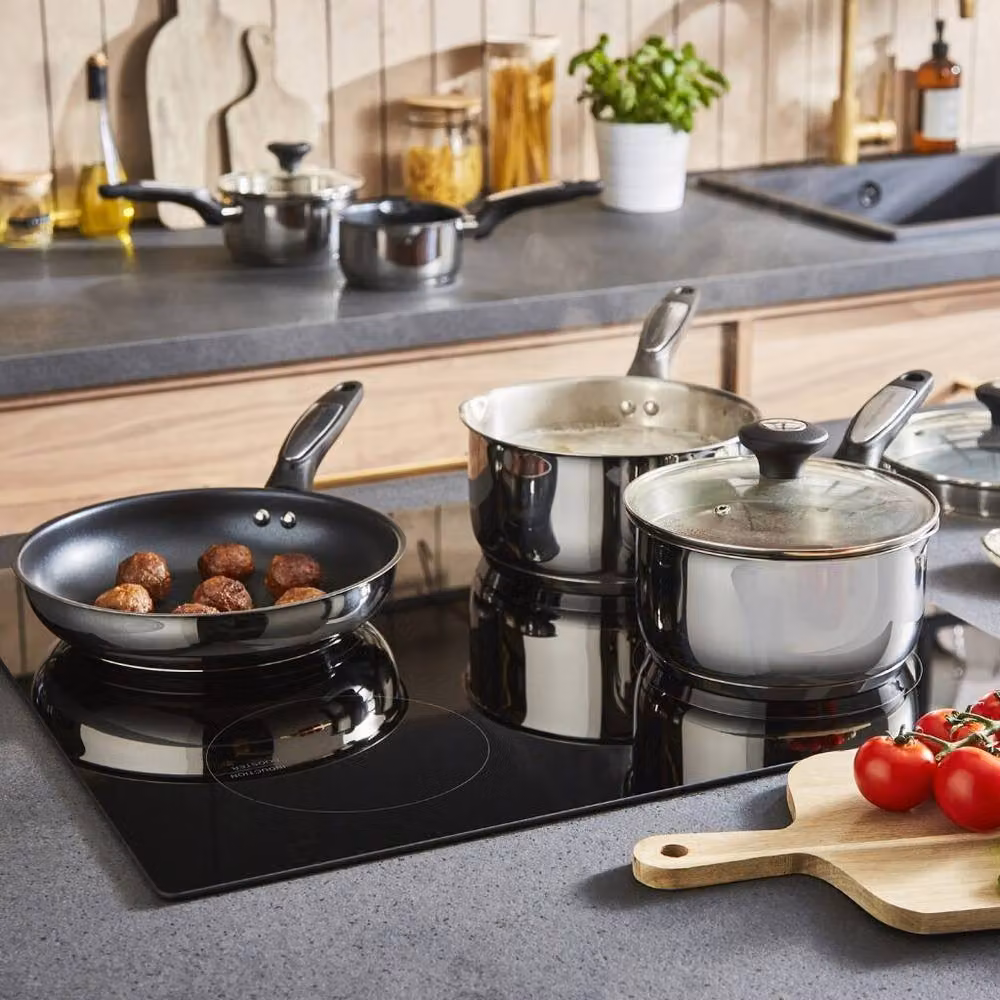 Morphy Richards 5 Piece Stainless Steel Pan Set with Ceramic Coating and Glass Lids in Silver – 7