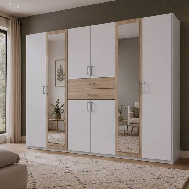 KDMD Greenwich Oak 6 Door Wardrobe in White with Mirrors and Integrated Drawers, H: 210 cm, W: 270 cm, D: 58 cm