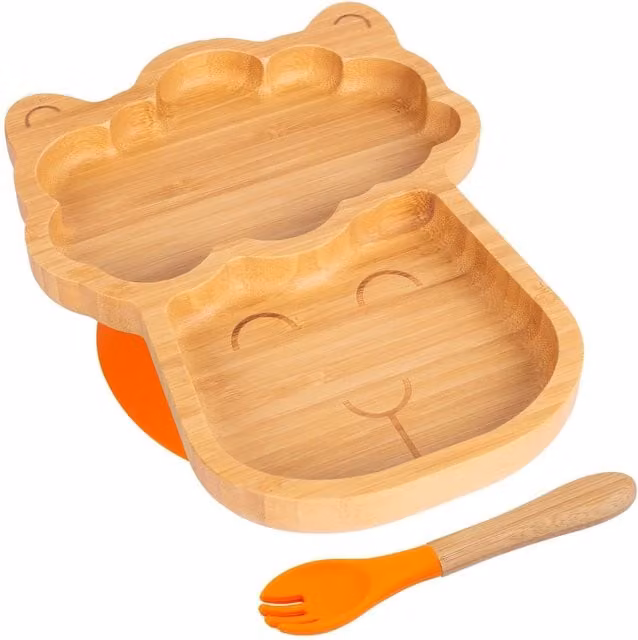 Tiny Dining Bamboo Llama Baby Weaning Plate and Fork Set in Orange