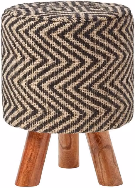 Homescapes Modern Geometric Cylindrical Jute and Wood Footstool in Black and White, Diameter: 32 cm