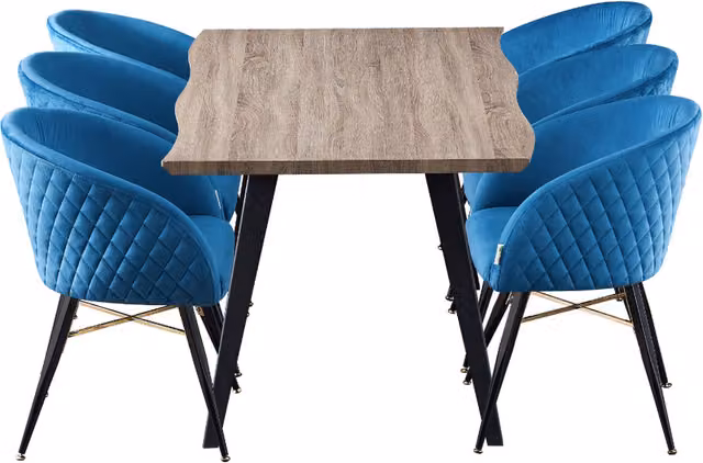 Vittorio Rocco LUX Dining Set with Rectangular Live Edge Wood Table and 6 Chairs in Blue and Black