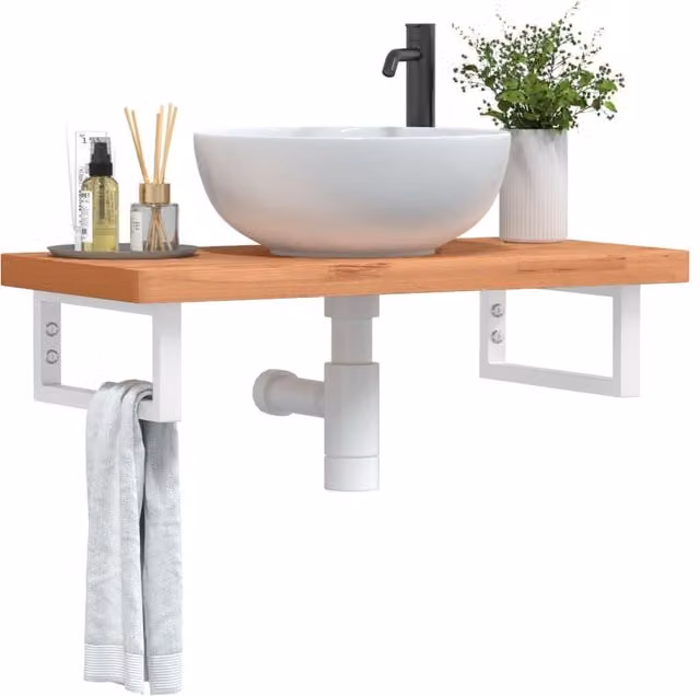 Berkfield Home Wall Mounted Basin Shelf in Brown Steel and Solid Beech Wood