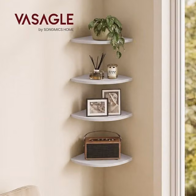 VASAGLE Set of 2 Wall Mounted Corner Shelves in Vintage White, W/D/H: 20 x 20 x 1.2 cm