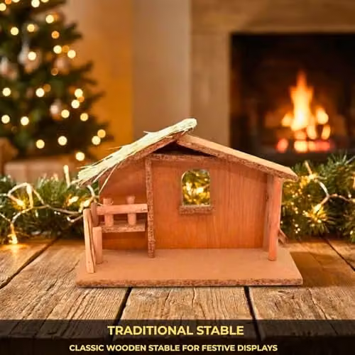 Shatchi Large Handmade Nativity Scene with Wooden Stable and 10-Piece Resin Figurine Set in Brown and Multicolour – 7