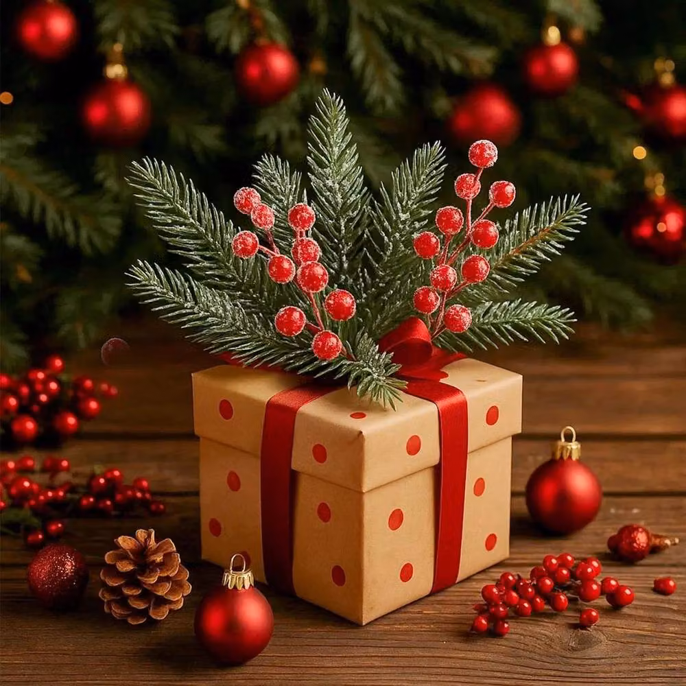 FLAVORA Artificial Red Berries and Frosted Pine Branches for Christmas Decor, Multicolour – 2