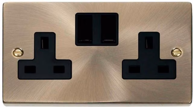 SE Home Antique Brass 2 Gang 13A Twin Double Switched Flush Plug Socket in Gold