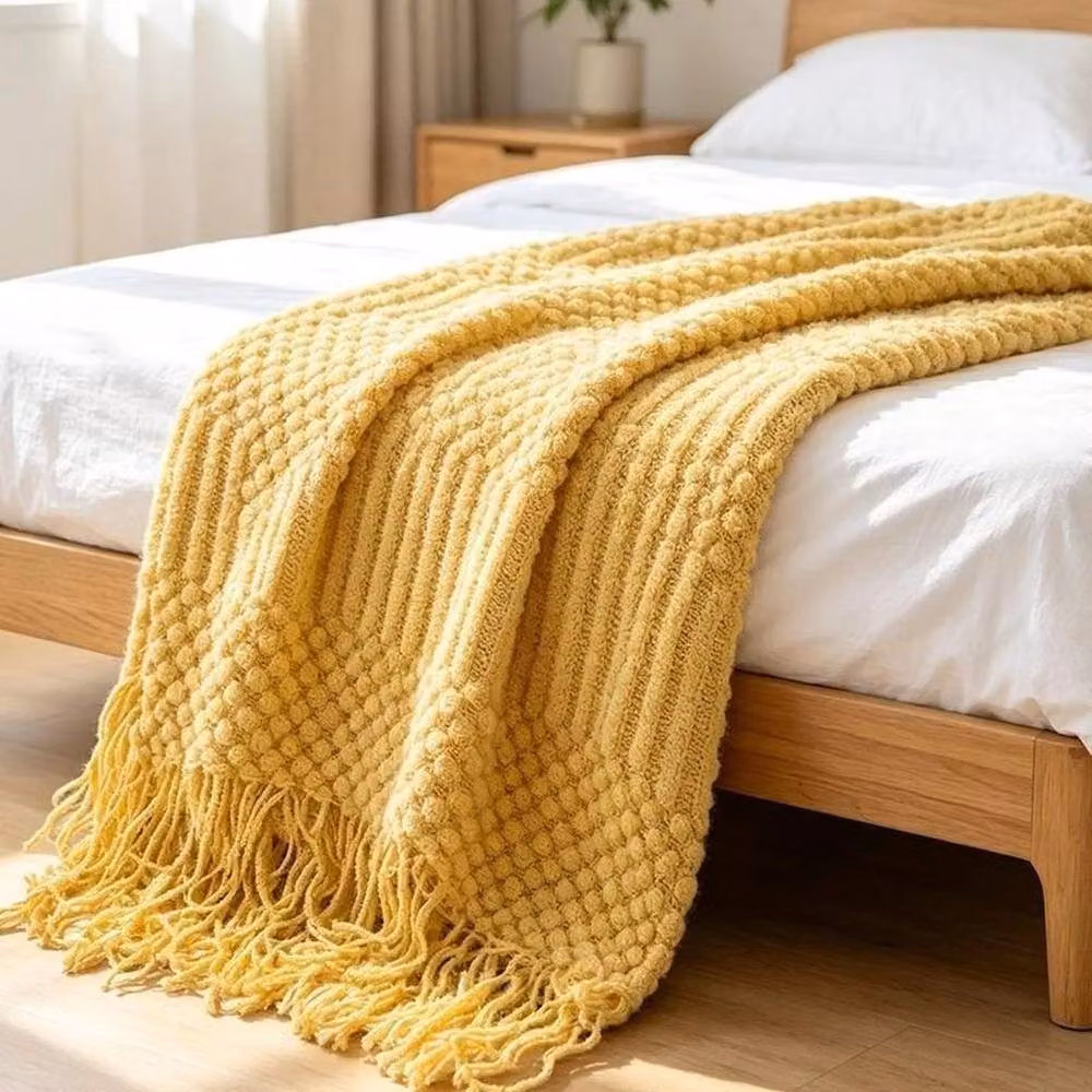 Pawnora Yellow Solid Knitted Throw Blanket W: 150 cm, L: 200 cm – 3