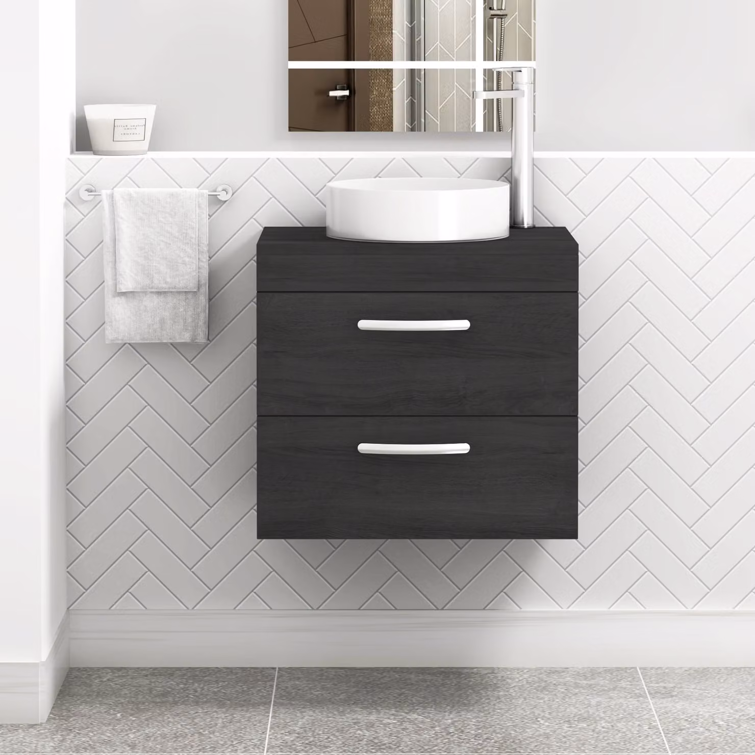 Royal Bathrooms Turin 500mm Wall Hung Vanity Unit with 2 Drawers and Countertop Basin in Matt Black
