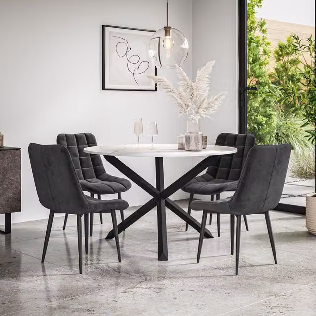 More4Homes Malvern Round Dining Table and 4 Nova Velvet Chairs Set, Marble Top with Black Solid Oak Legs, Diameter: 120 cm, Height: 75 cm