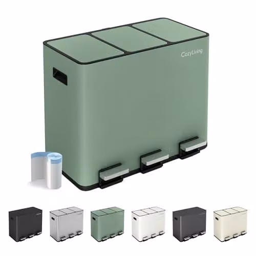 MCC Direct 45L Stainless Steel Kitchen Recycling Pedal Bin with Soft-Close Lids and Removable Inner Buckets, Green – 1
