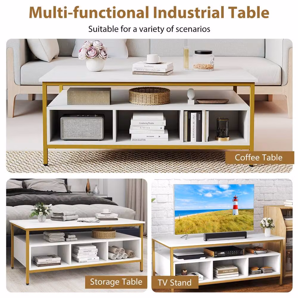 Gymax 3-Tier Rectangular Coffee Table with Shelf, White Metal and Wood Frame – 4