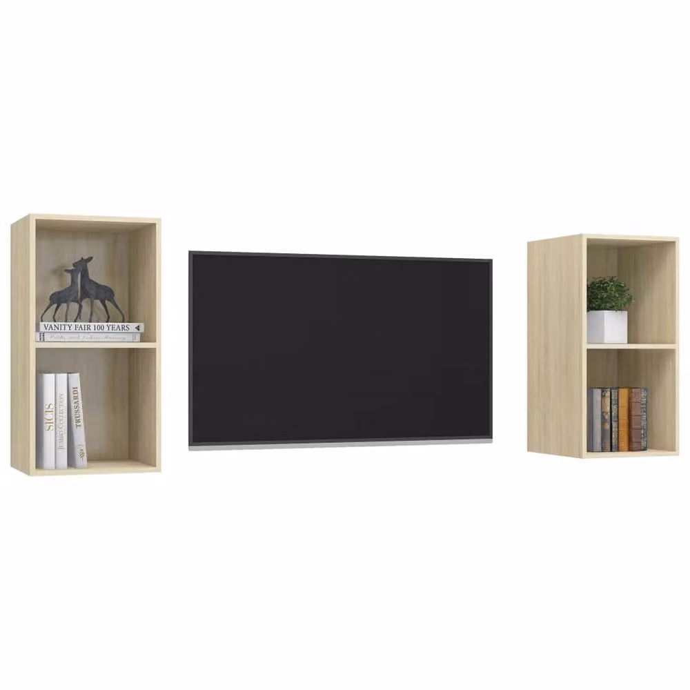 Berkfield Home Set of 2 Wall-mounted TV Cabinets in Sonoma Oak and Beige Engineered Wood – 3