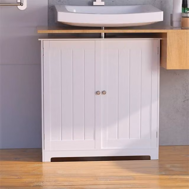 Nordara White Lacquered Modern Bathroom Under Sink Storage Cabinet with Hinged Doors and Internal Shelves