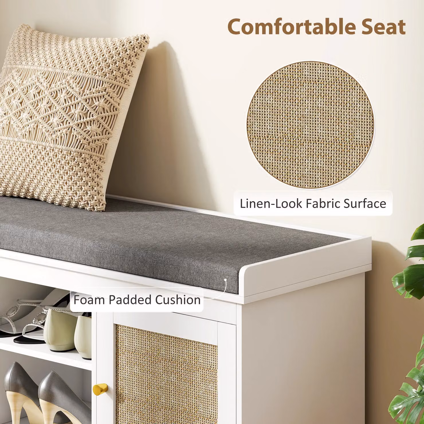 HOMCOM Boho Rattan Shoe Storage Bench with Padded Fabric Cushion in White and Gold – 3