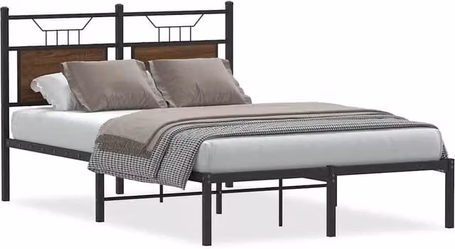 Berkfield Home Small Double Wood and Metal Bed Frame, Brown Oak, W/D/H: 120 x 190 x 91.5 cm