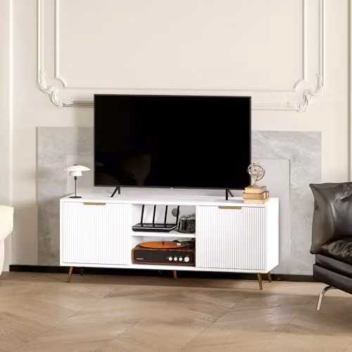 HOMCOM Modern White Fluted TV Stand for TVs up to 55 Inch with Geometric Storage Cabinets – 7