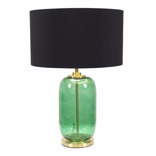 ValueLights Forest Green Glass Table Lamp with Gold Detail and Black Fabric Shade, Includes LED Bulb – 1