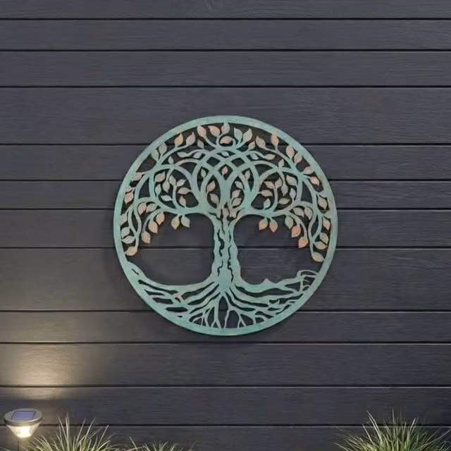 Garden Greatness Rustic Metal Tree of Life Floral Garden Wall Art in Turquoise and Multicolour