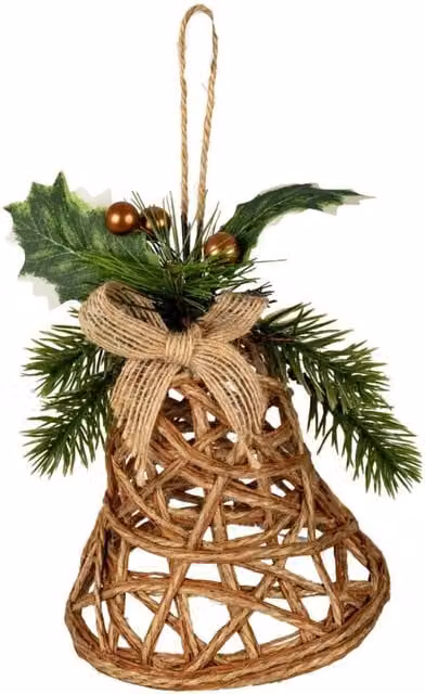 KDMD Boho Natural Rattan Bell Hanging Ornament with Branches and Ribbon in Brown and Beige