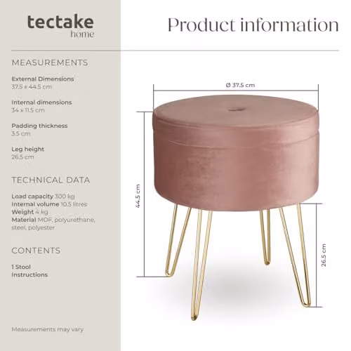 tectake Ava Round Velvet Stool with Storage Compartment in Pink and Gold, W/D/H: 37.5 x 44.5 x 37.5 cm – 3
