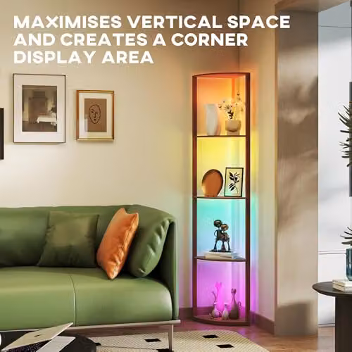 HOMCOM RGB LED Floor Lamp with 4-Tier Shelves in Brown – 4