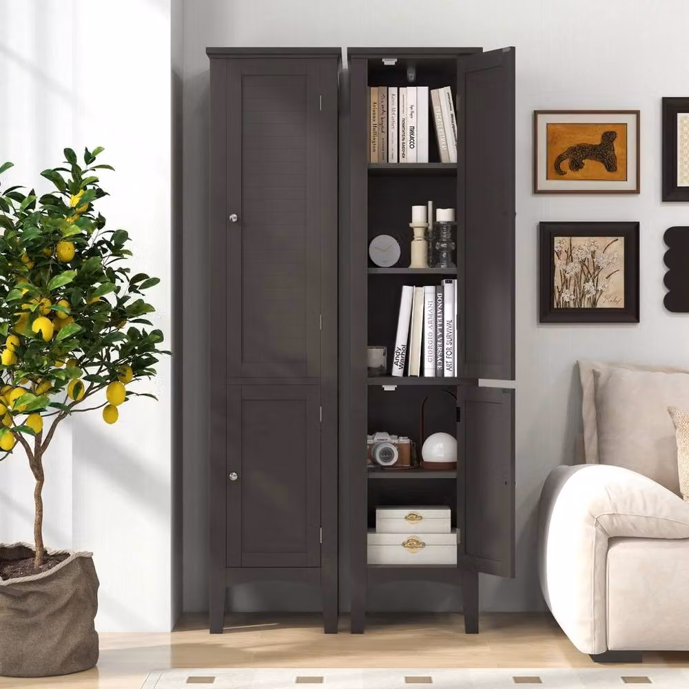 VOGREX 5-Tier Tall Narrow Bathroom Cabinet in Brown and Black with Hinged Doors and Internal Shelves, H 160 cm x W 38 cm x D 2 cm – 5