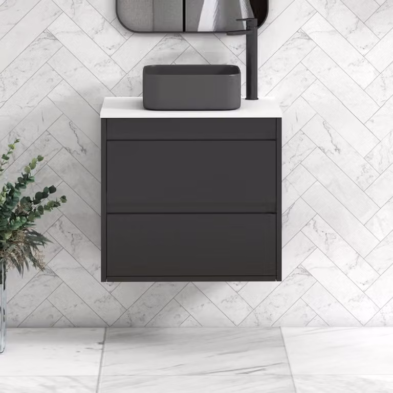 Royal Bathrooms Orion 600mm Matt Obsidian Black Wall Hung 2 Drawer Vanity Unit with White Art Square Basin and Black Accent Trim